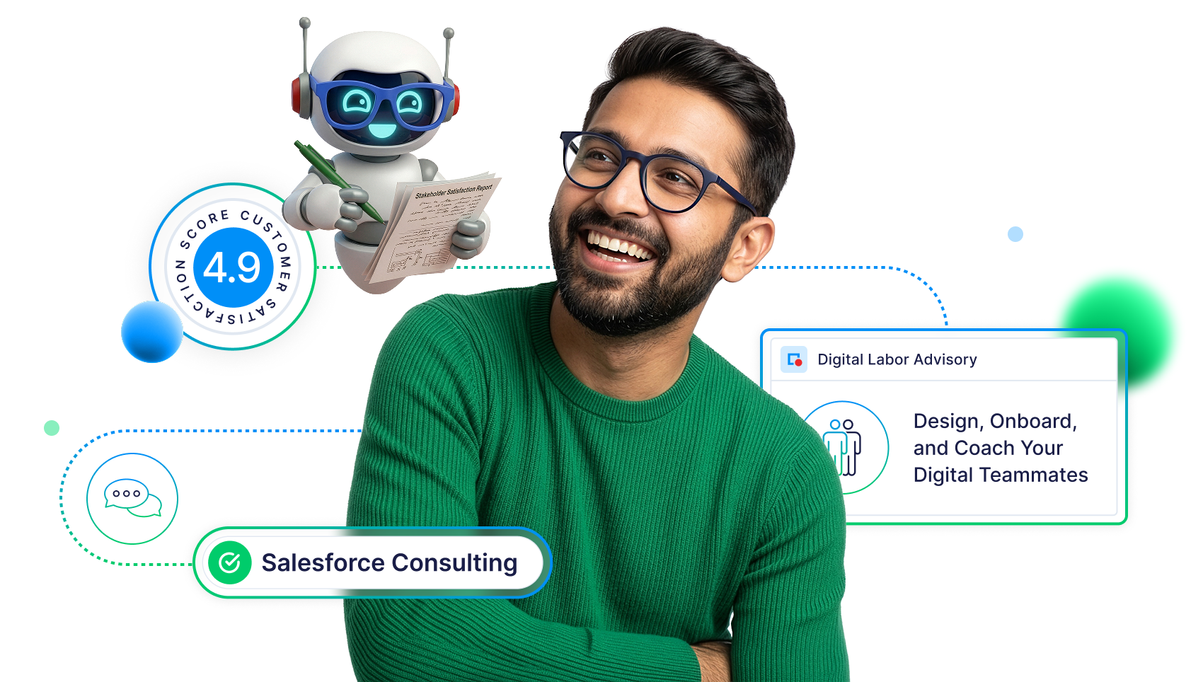 Smiling man in green sweater and glasses with a robot holding a Stakeholder Satisfaction Report, a 4.9 customer satisfaction score, and labels for Salesforce Consulting and Digital Labor Advisory services.