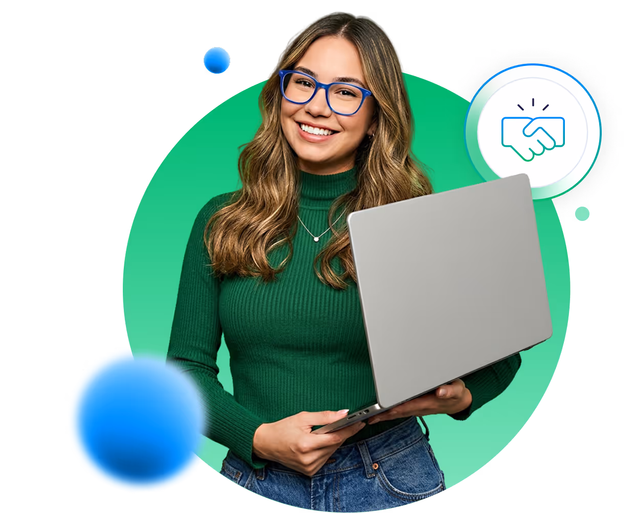 Smiling woman with long hair and blue glasses holding a laptop in front of a green circle background with a handshake icon.