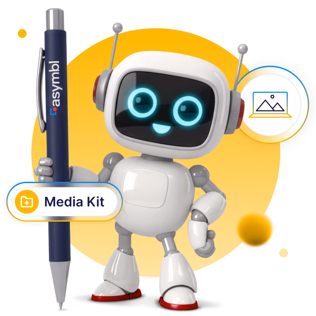 Friendly white robot with blue glowing eyes holding a blue pen labeled 'asymbl' beside a yellow circle background with a 'Media Kit' tag.