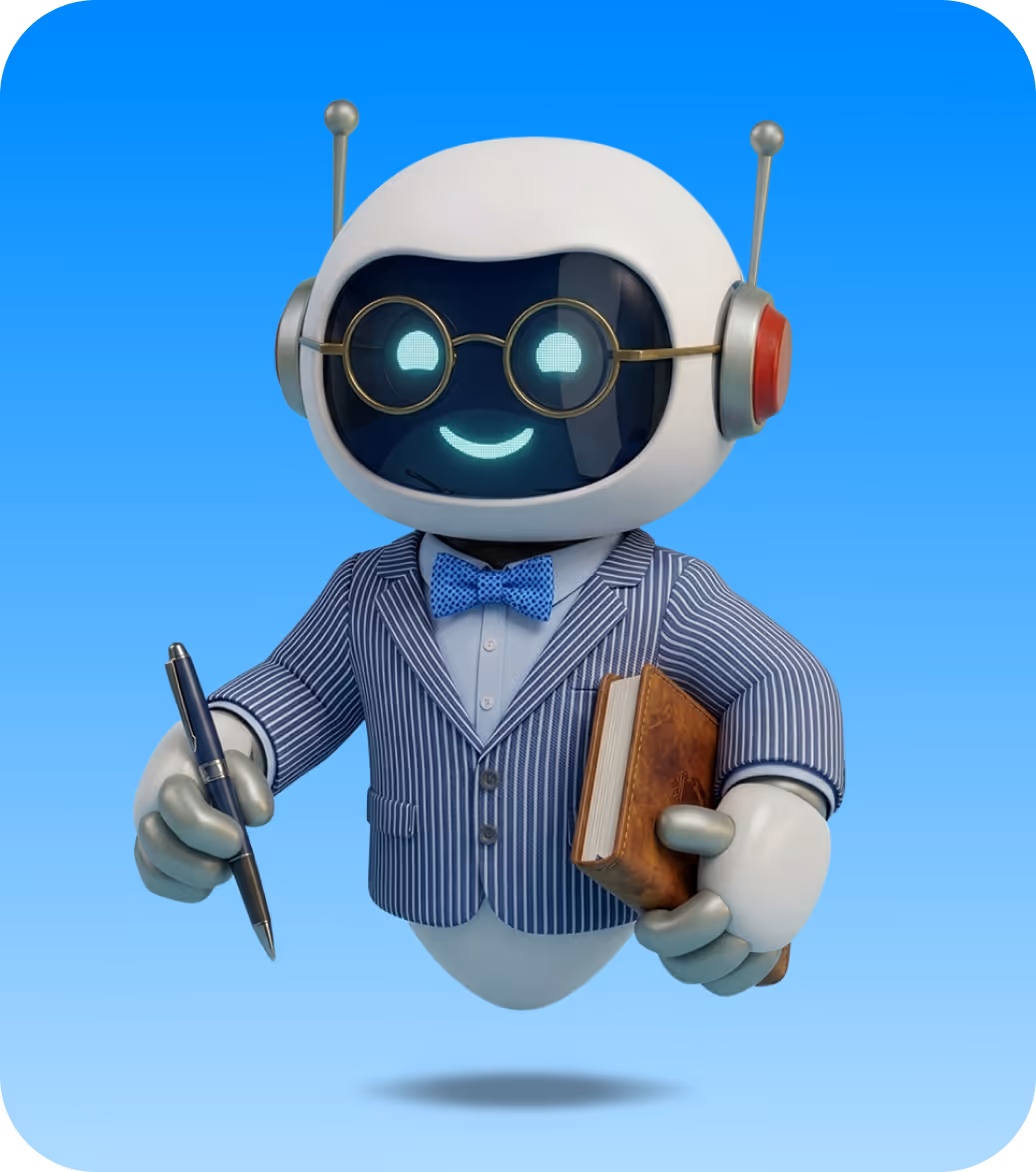 Friendly robot wearing glasses and a blue striped suit with a bow tie, holding a pen and a book, floating against a blue background.