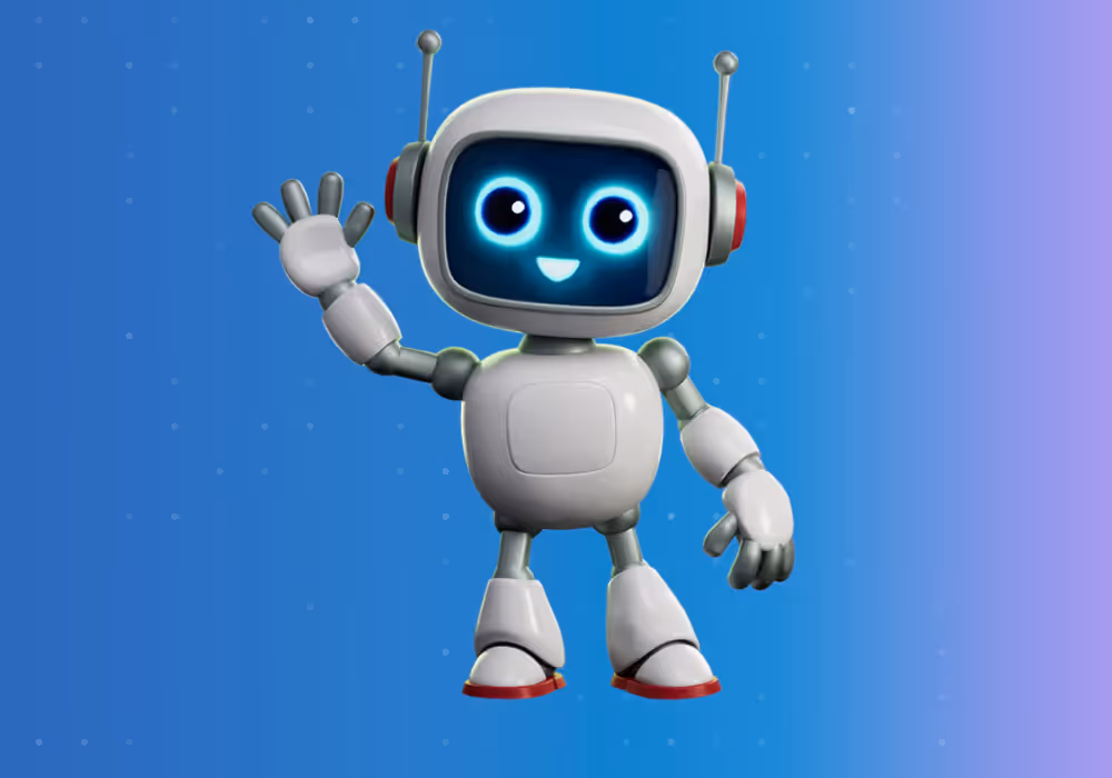 Friendly small white robot with glowing blue eyes waving on a blue to purple gradient background.