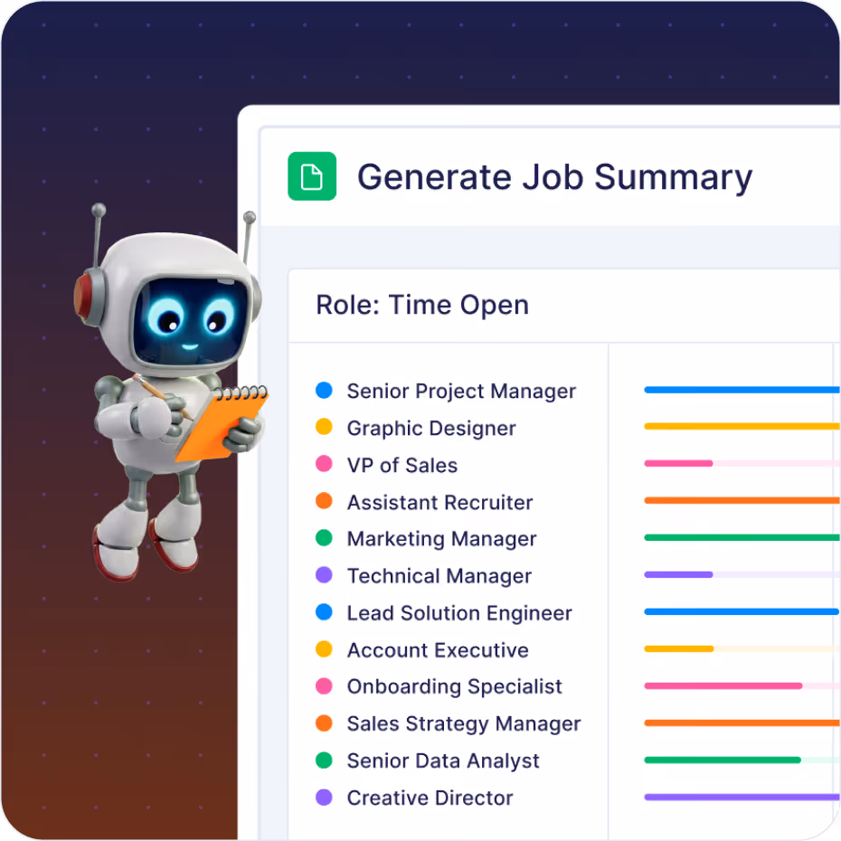 Robot holding a notepad next to a job summary chart listing roles such as Senior Project Manager, Graphic Designer, and Marketing Manager with colored bars.