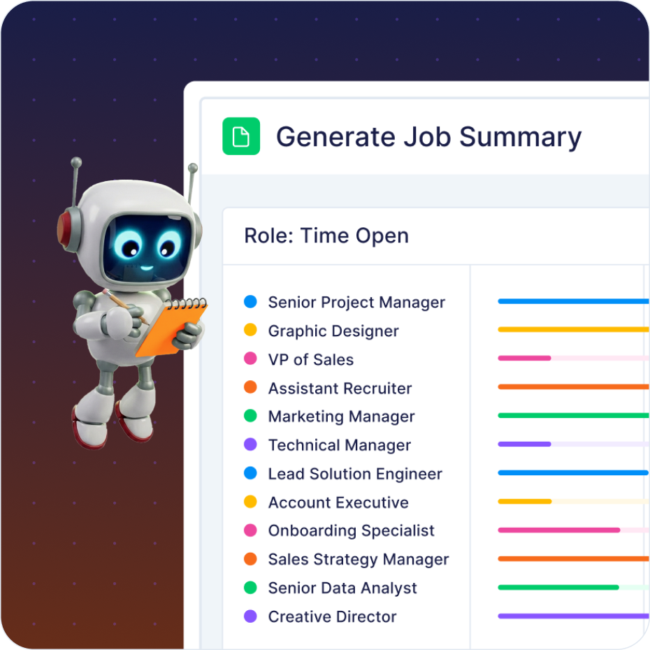 Robot holding a notepad next to a job summary chart listing roles such as Senior Project Manager, Graphic Designer, and Marketing Manager with colored bars.