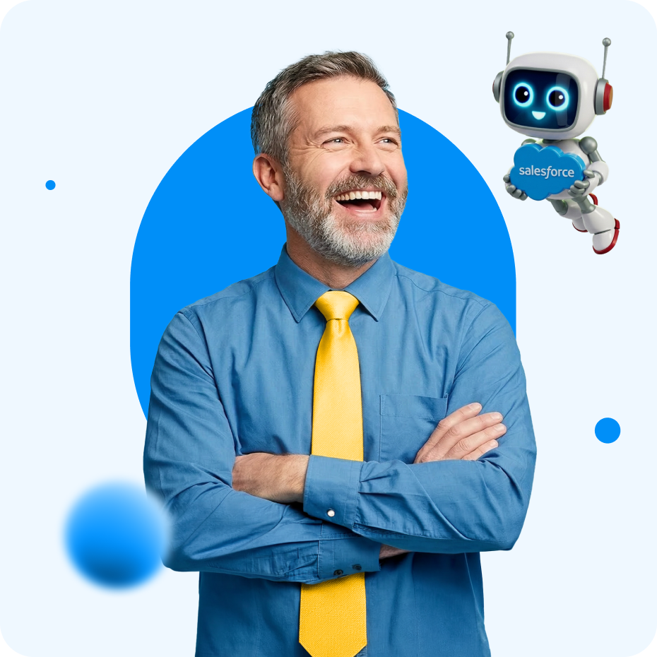 Smiling middle-aged man in blue shirt and yellow tie with arms crossed, next to a small robot holding a Salesforce logo.