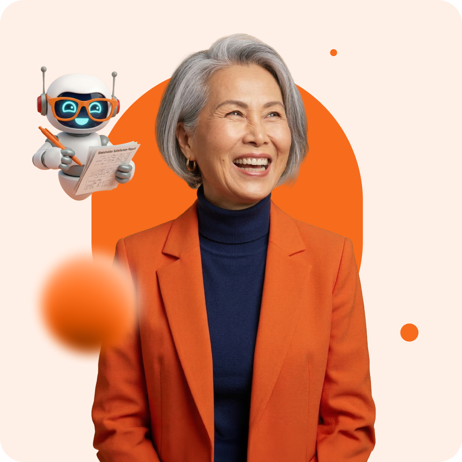 Smiling middle-aged woman with gray hair wearing an orange blazer and navy turtleneck, with a small cartoon robot holding a clipboard beside her.