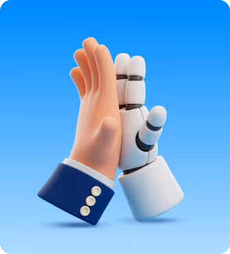 3D illustration of a human hand and a robotic hand giving a high-five against a blue background.