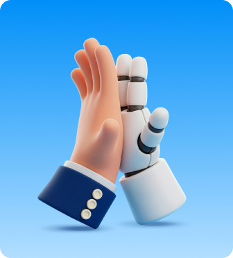 3D illustration of a human hand and a robotic hand giving a high-five against a blue background.