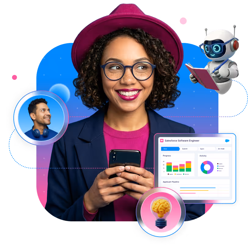 Smiling woman wearing glasses and a magenta hat holding a smartphone, with floating icons of a man with headphones, a robot reading a book, a brain in a lightbulb, and a Salesforce Software Engineer dashboard.