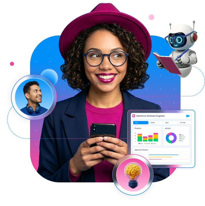 Smiling woman wearing glasses and a magenta hat holding a smartphone, with floating icons of a man with headphones, a robot reading a book, a brain in a lightbulb, and a Salesforce Software Engineer dashboard.