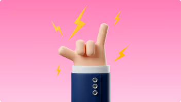 Cartoon hand making a rock and roll sign with yellow lightning bolts on a pink background.