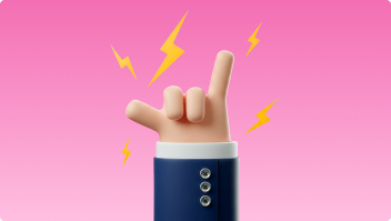 Cartoon hand making a rock and roll sign with yellow lightning bolts on a pink background.