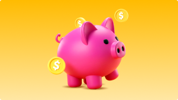 Pink piggy bank with floating gold dollar coins on a yellow gradient background.