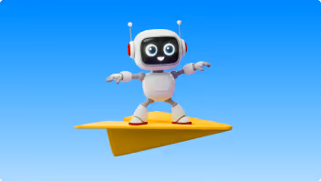 Friendly robot standing with arms outstretched on a yellow paper airplane against a blue sky.