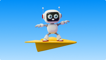 Friendly robot standing with arms outstretched on a yellow paper airplane against a blue sky.