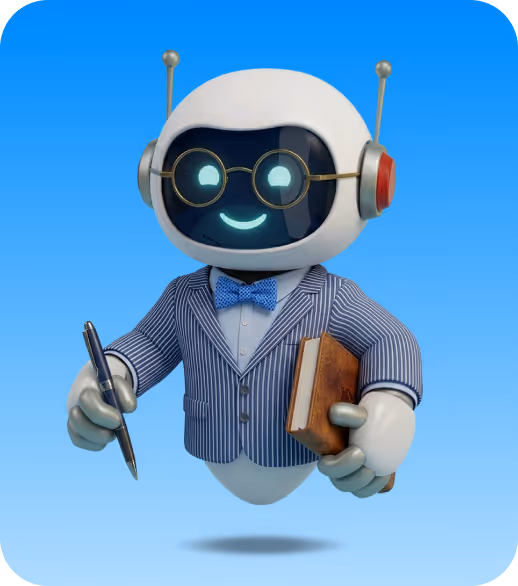 Friendly robot in glasses and a blue striped suit holding a pen and a book against a blue background.