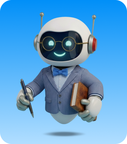 Friendly robot in glasses and a blue striped suit holding a pen and a book against a blue background.