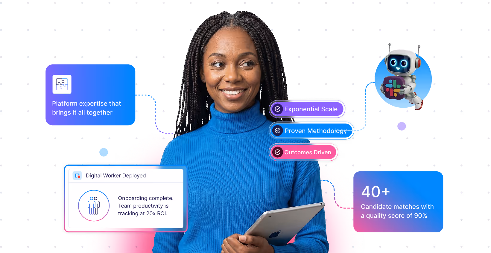 Woman in blue turtleneck holding tablet surrounded by icons and text about digital workforce and productivity.
