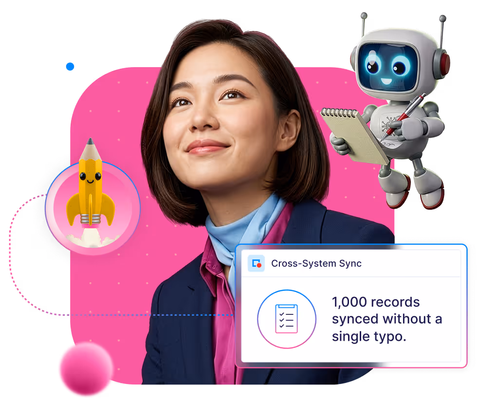Smiling woman in business attire with animated robot holding a notepad and a pencil rocket illustration.