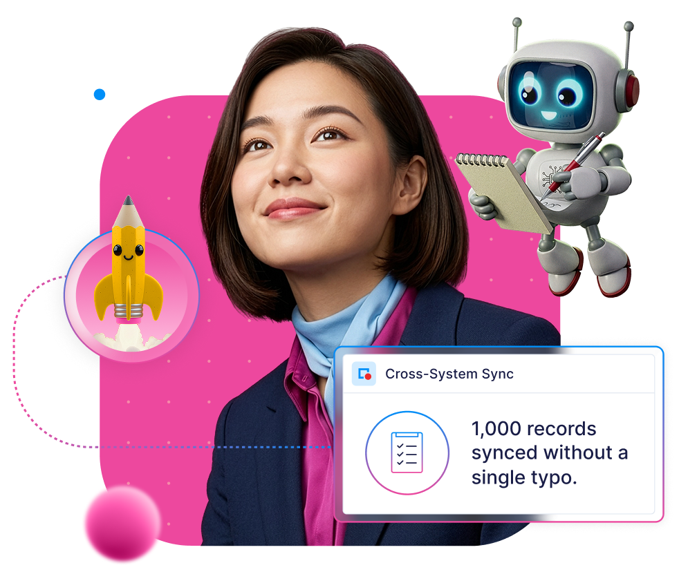 Smiling woman in business attire with animated robot holding a notepad and a pencil rocket illustration.