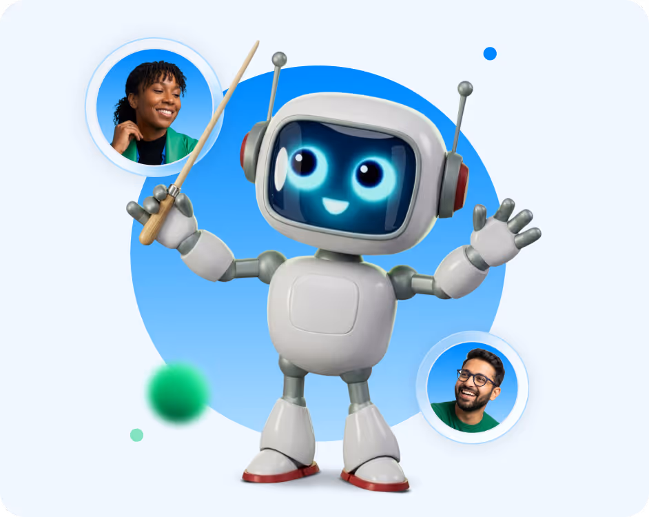 Friendly robot holding a pointer stick, surrounded by two smiling human portraits in circles.