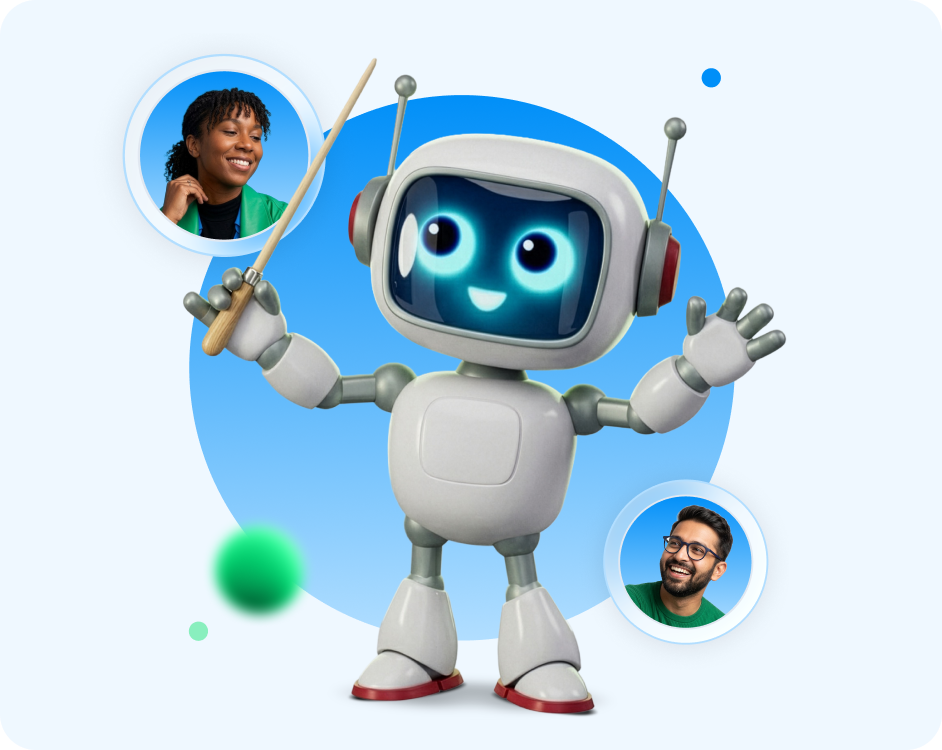 Friendly robot holding a pointer stick, surrounded by two smiling human portraits in circles.