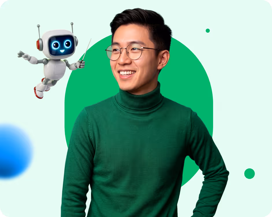 Smiling man in green turtleneck and glasses with a small friendly robot holding a pointer beside him.
