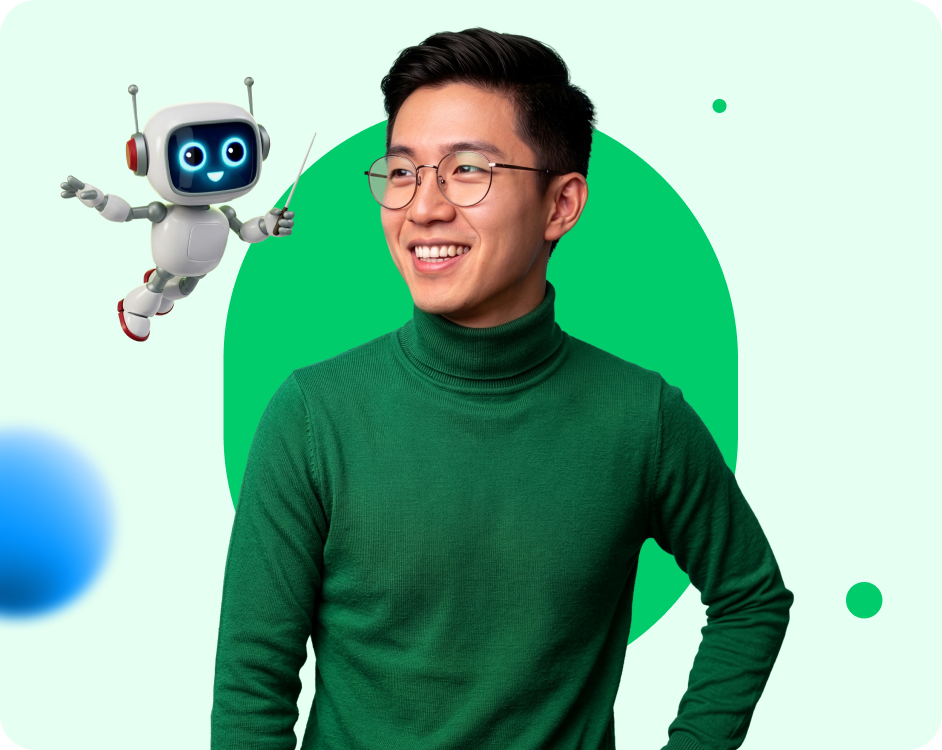 Smiling man in green turtleneck and glasses with a small friendly robot holding a pointer beside him.