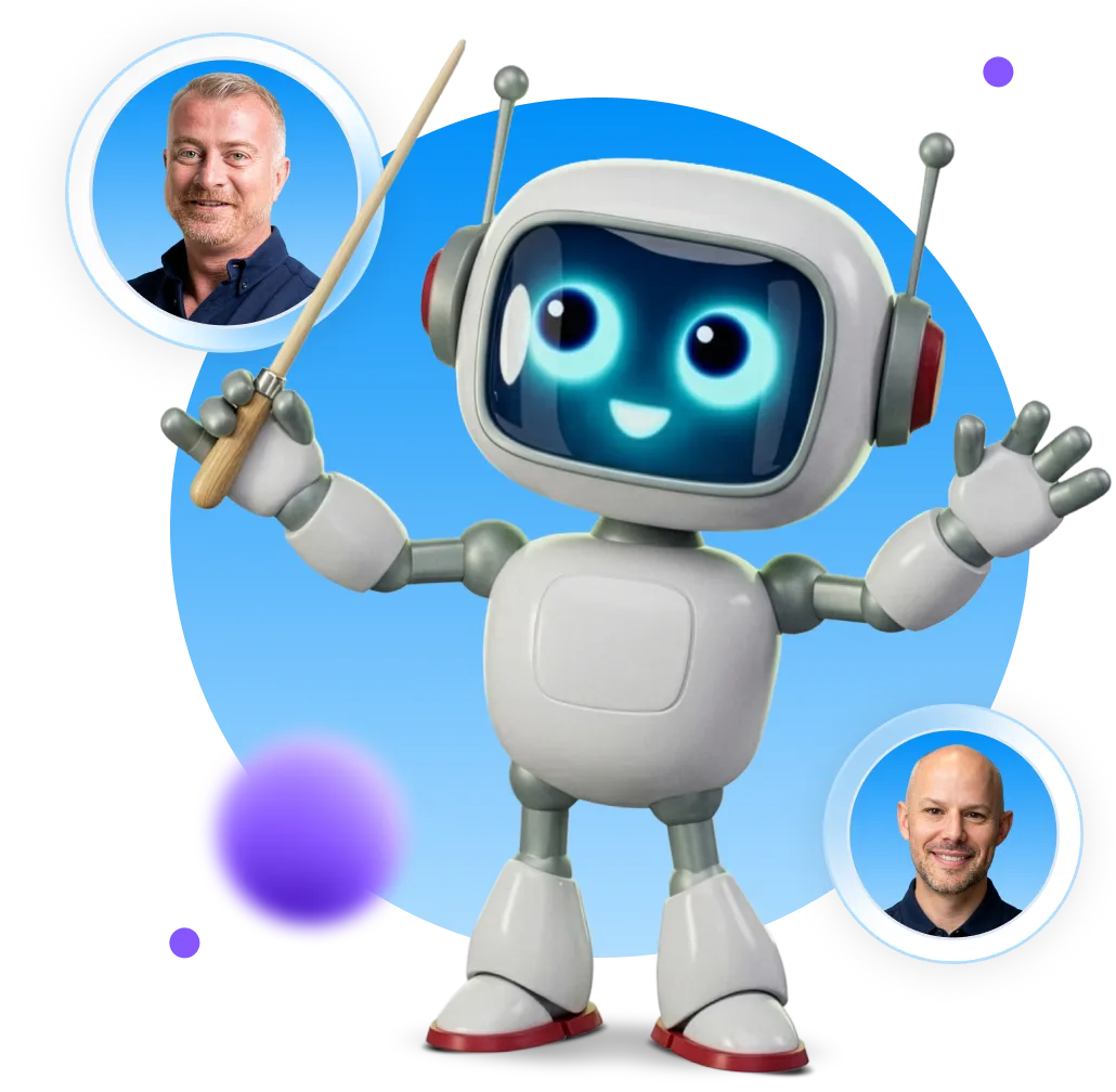Friendly cartoon robot with glowing blue eyes holding a pointer, with two circular photos of men around it.