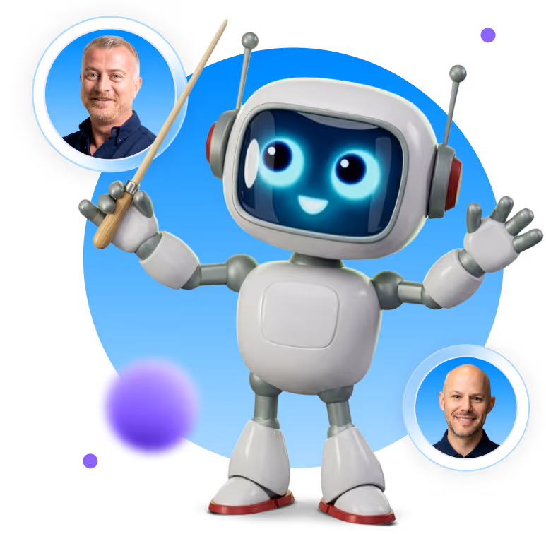 Friendly cartoon robot with glowing blue eyes holding a pointer, with two circular photos of men around it.