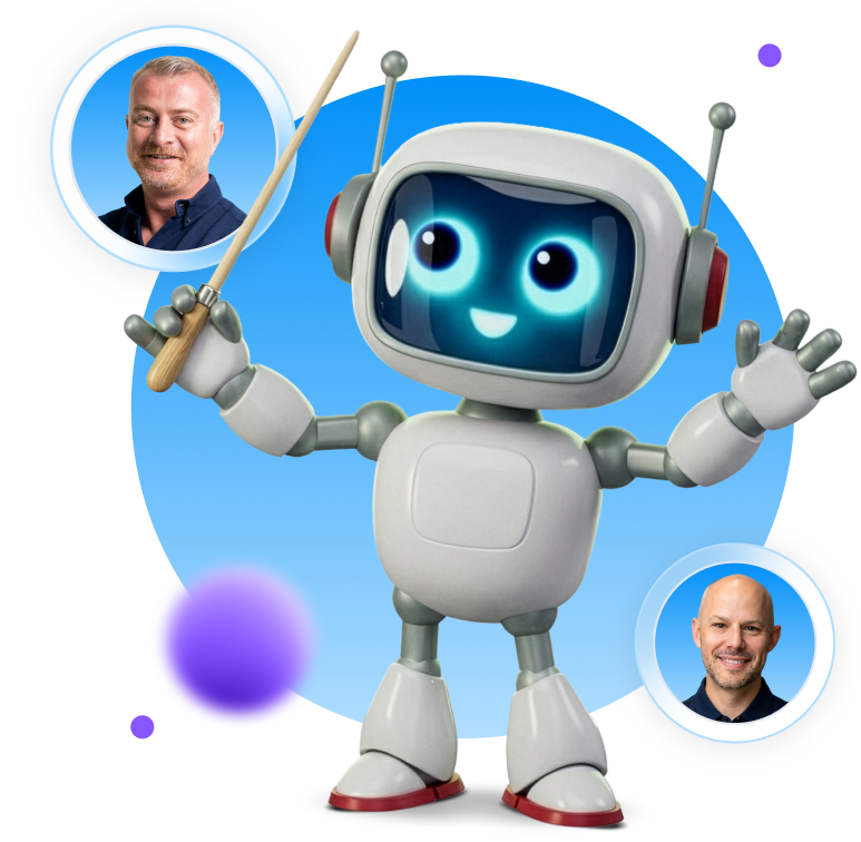 Friendly cartoon robot with glowing blue eyes holding a pointer, with two circular photos of men around it.