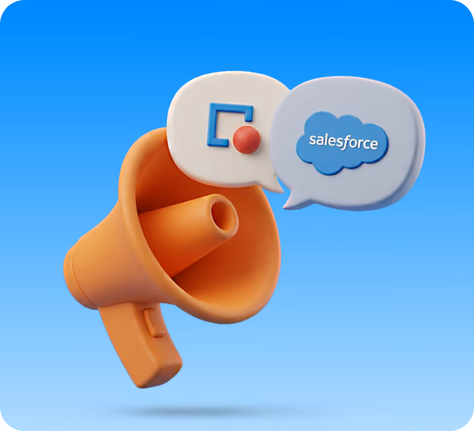 Orange megaphone with speech bubbles showing the Salesforce logo and an abstract icon on a blue background.