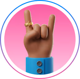 Brown hand making the rock and roll sign wearing a ring and a blue cuff against a pink background.