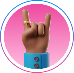 Brown hand making the rock and roll sign wearing a ring and a blue cuff against a pink background.