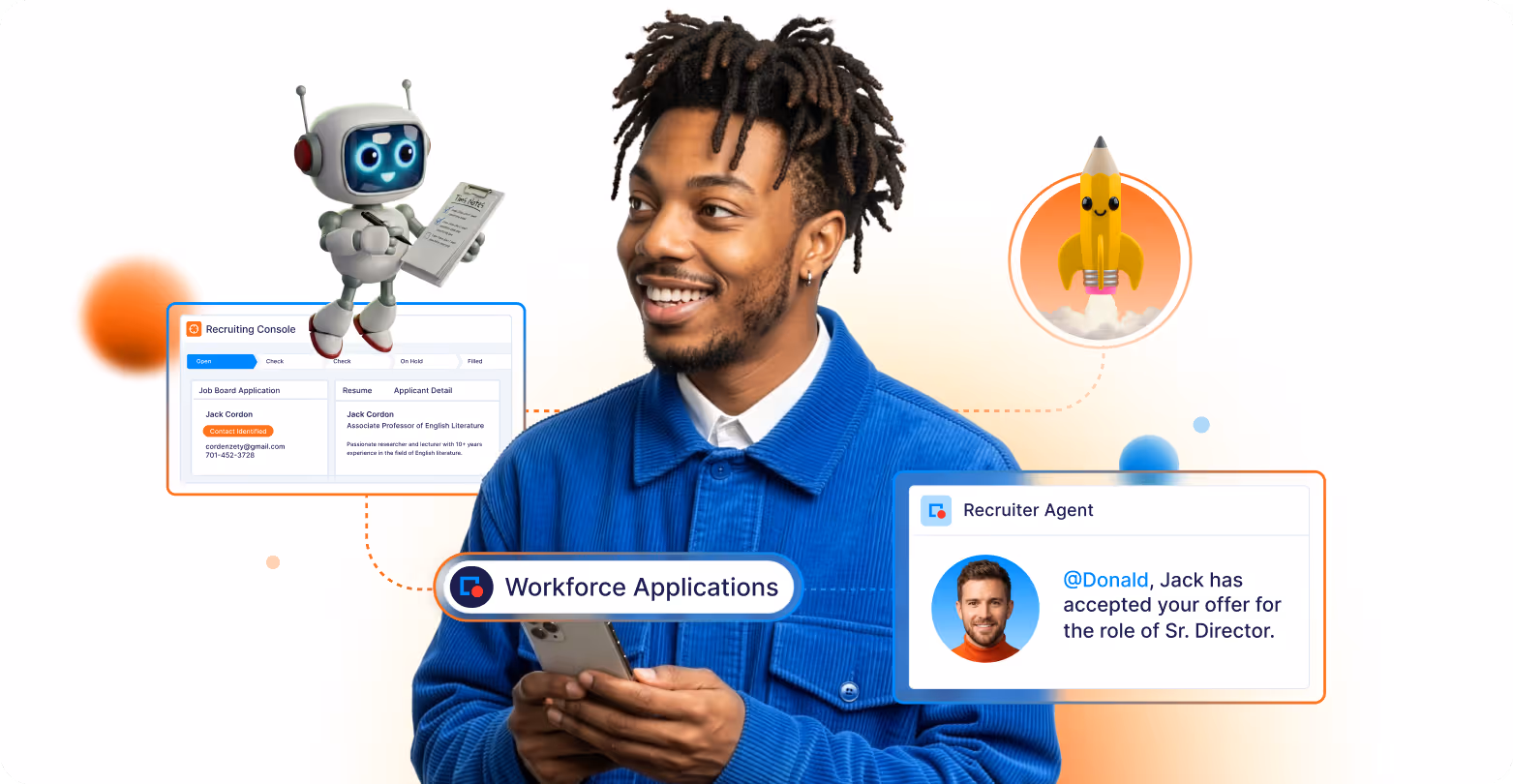 Smiling man in blue jacket holding a phone with workforce applications and recruiting agent interface elements around him.