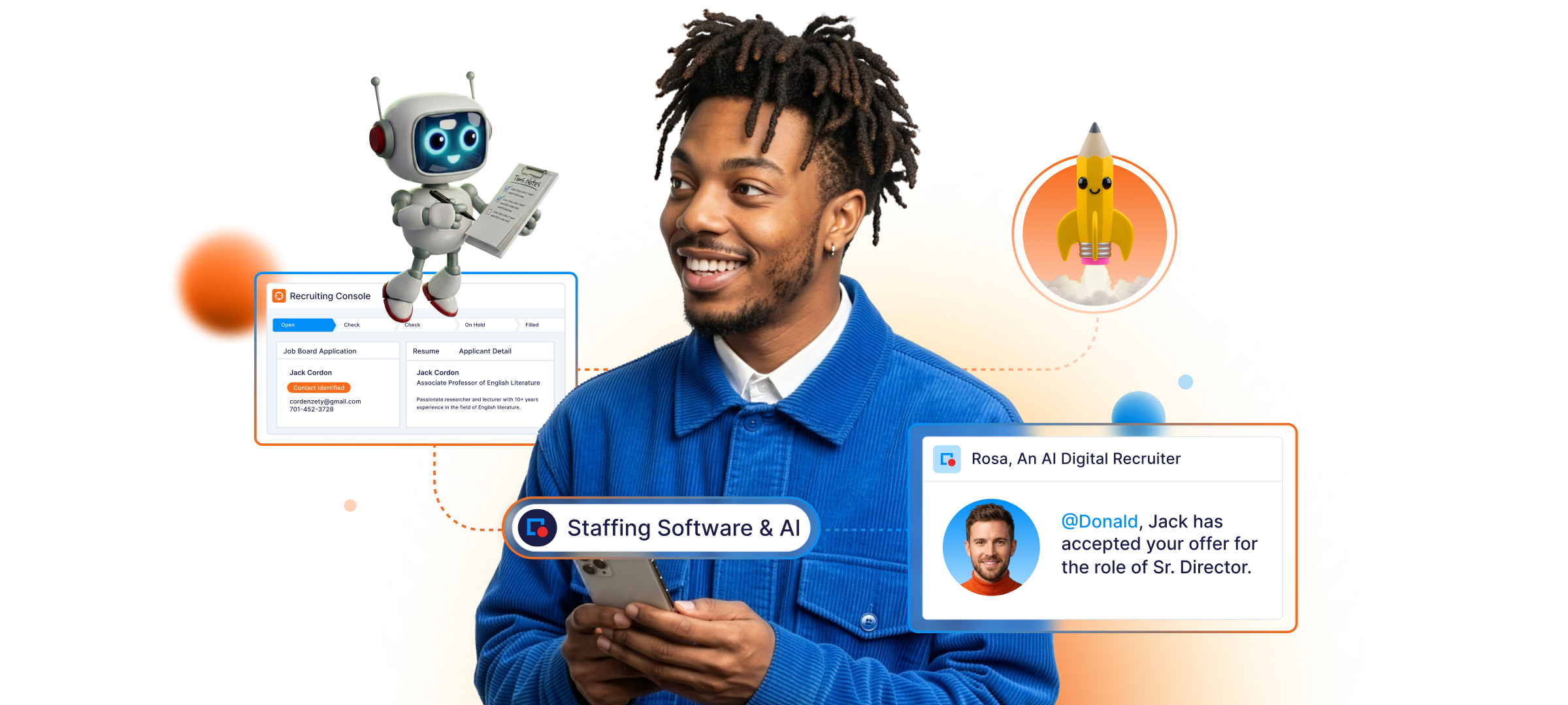 Smiling man in blue jacket holding a phone with workforce applications and recruiting agent interface elements around him.