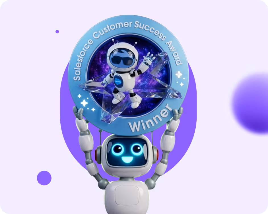 Smiling robot holding a Salesforce Customer Success Award trophy with an astronaut figure inside.