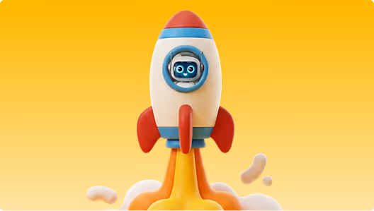 Cute robot inside a small rocket launching with orange flames and smoke on a yellow background.