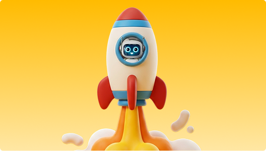 Cute robot inside a small rocket launching with orange flames and smoke on a yellow background.