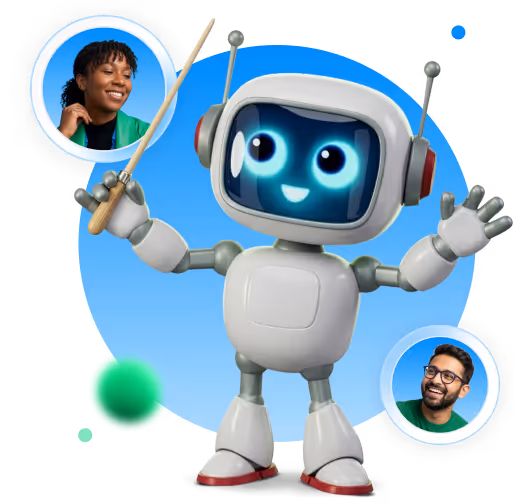Friendly robot conductor holding a baton with smiling male and female portraits in circles.