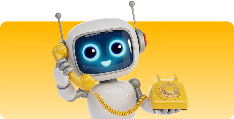 Friendly robot holding a yellow rotary phone handset and base against a yellow background.