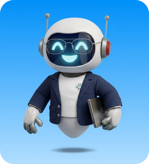 Friendly robot with glowing eyes and glasses wearing a navy blazer, holding a closed laptop.