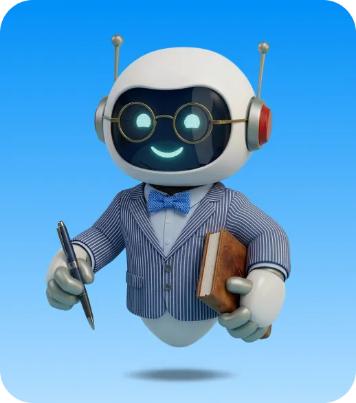 Smiling robot wearing glasses and a striped suit holding a book and pen against a blue background.
