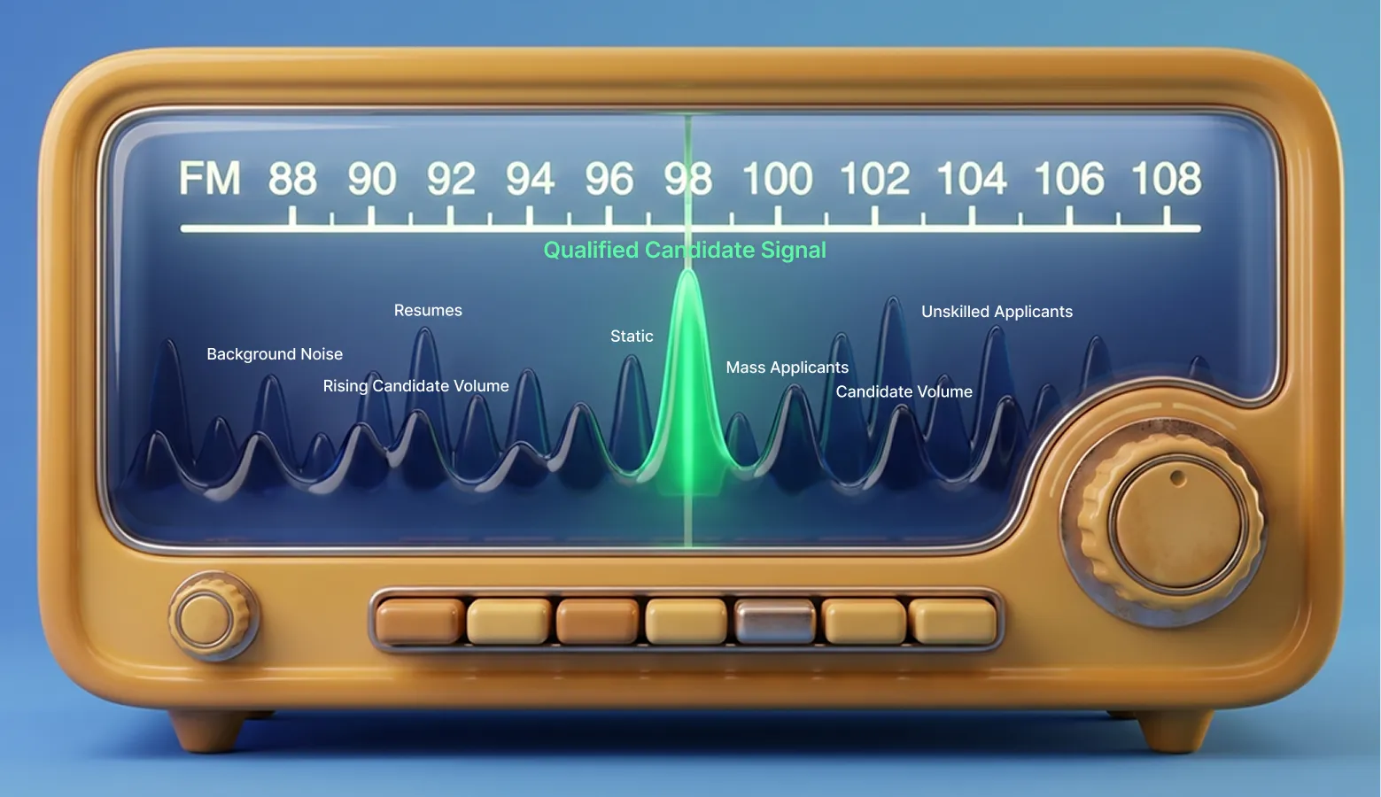 Vintage radio dial showing FM frequencies with labeled sound waves representing candidate signals.
