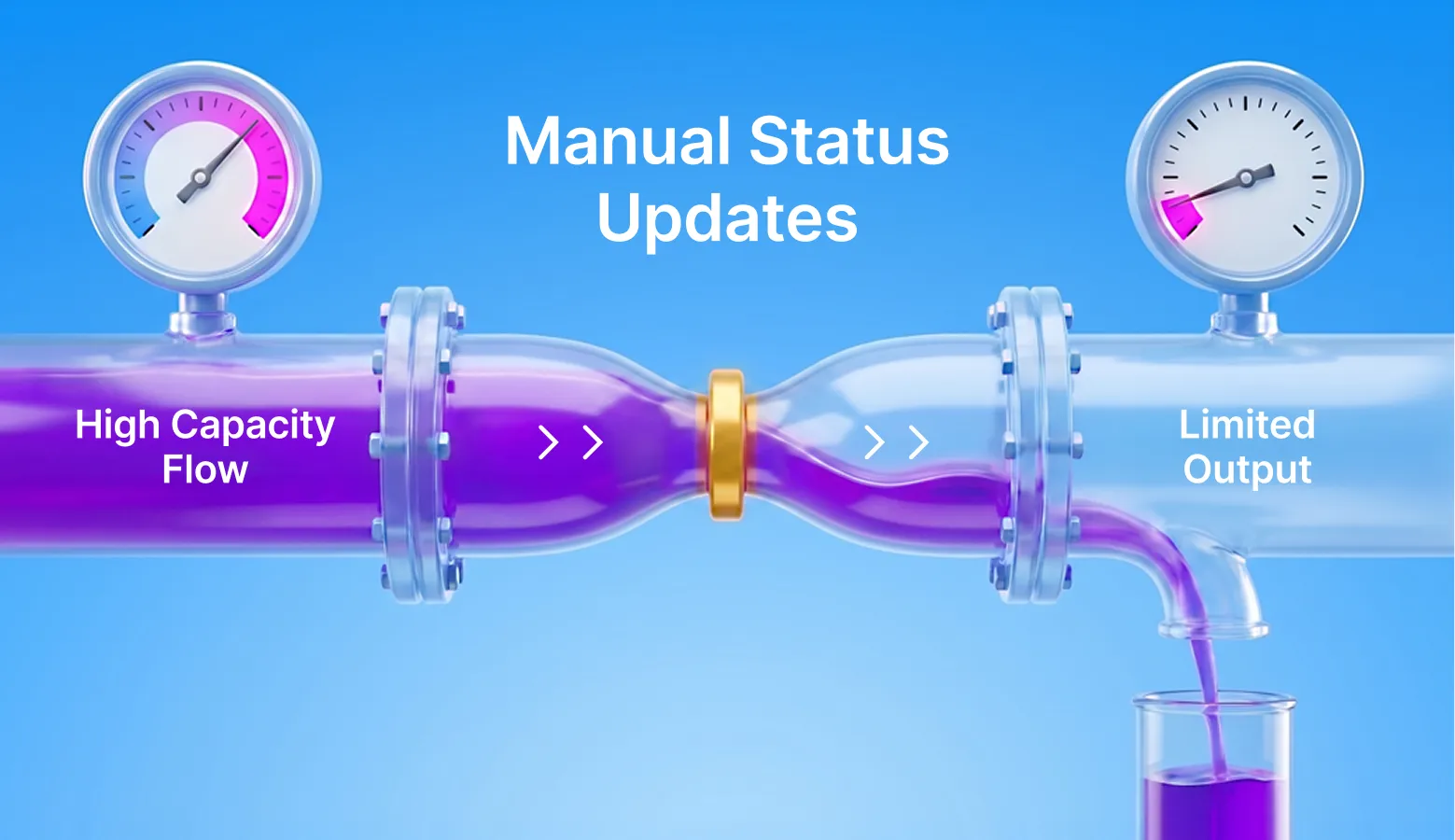 Pipe showing manual status updates with high capacity flow narrowing to limited output measured by gauges.