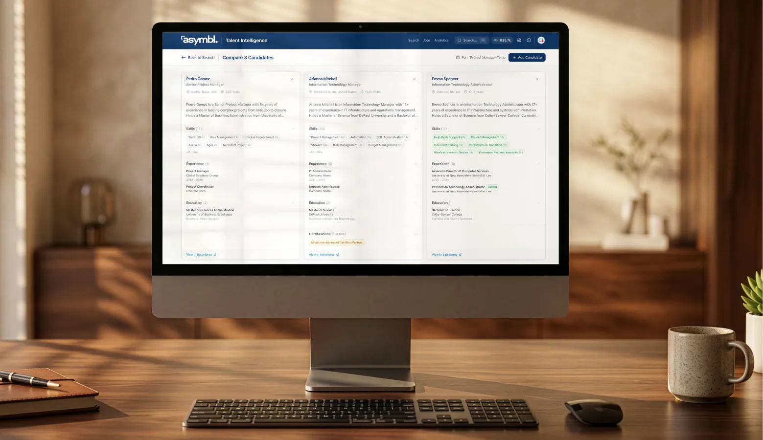 Computer screen showing a talent intelligence UI comparing three candidates' skills, experience, and education.