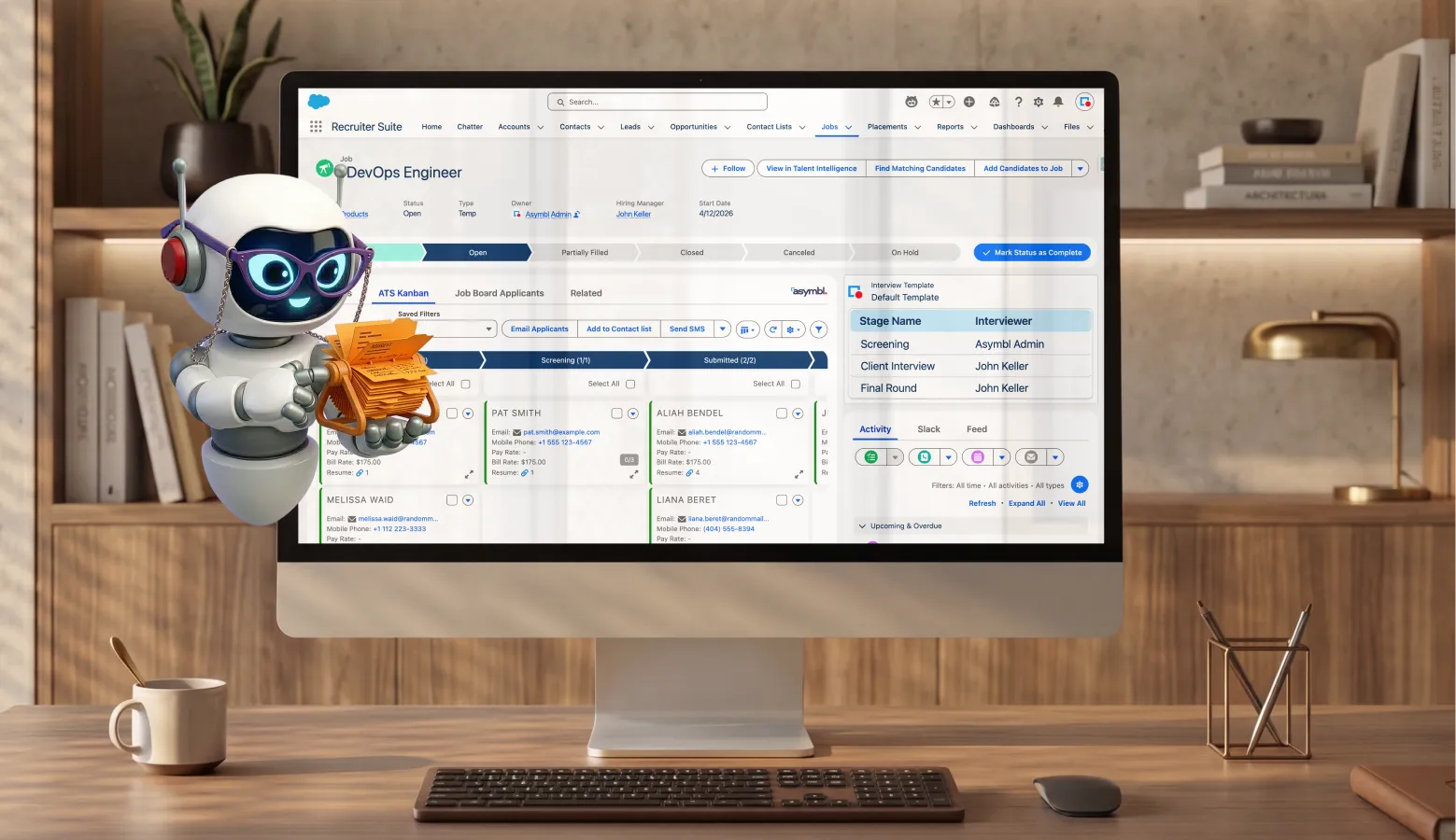 Desk setup with computer showing a recruitment dashboard, accompanied by a robot holding orange files.