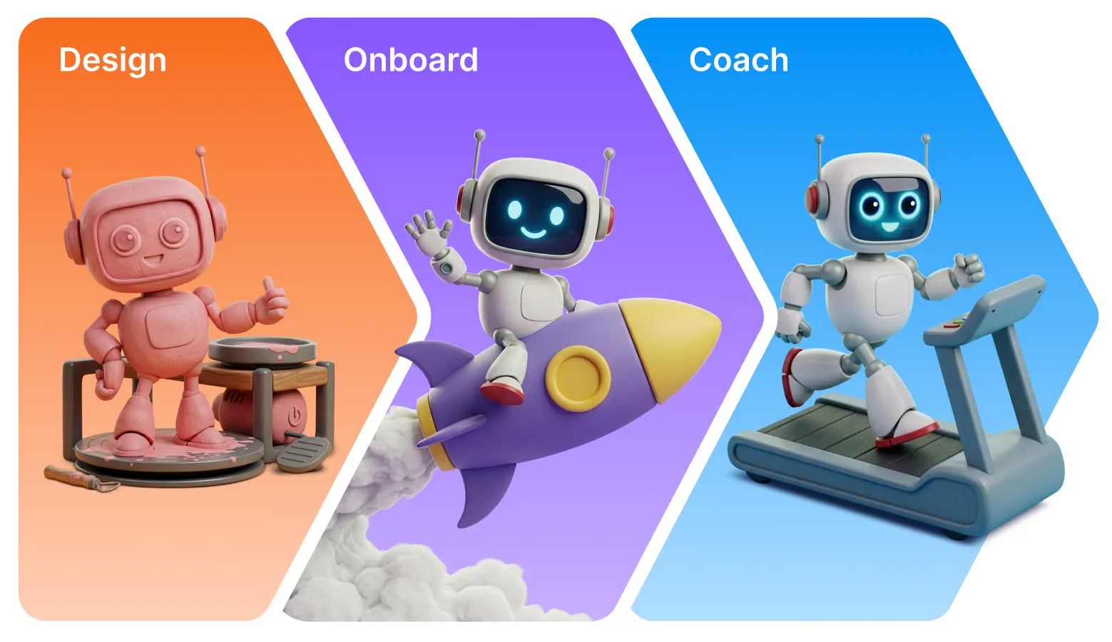 Three-stage process: pink robot sculpting, white robot riding a rocket, white robot running on treadmill.