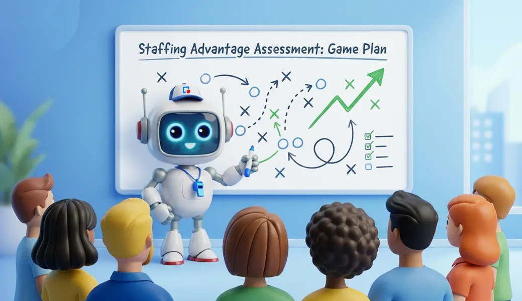 Robot coach presenting a game plan labeled Staffing Advantage Assessment to a seated diverse audience.