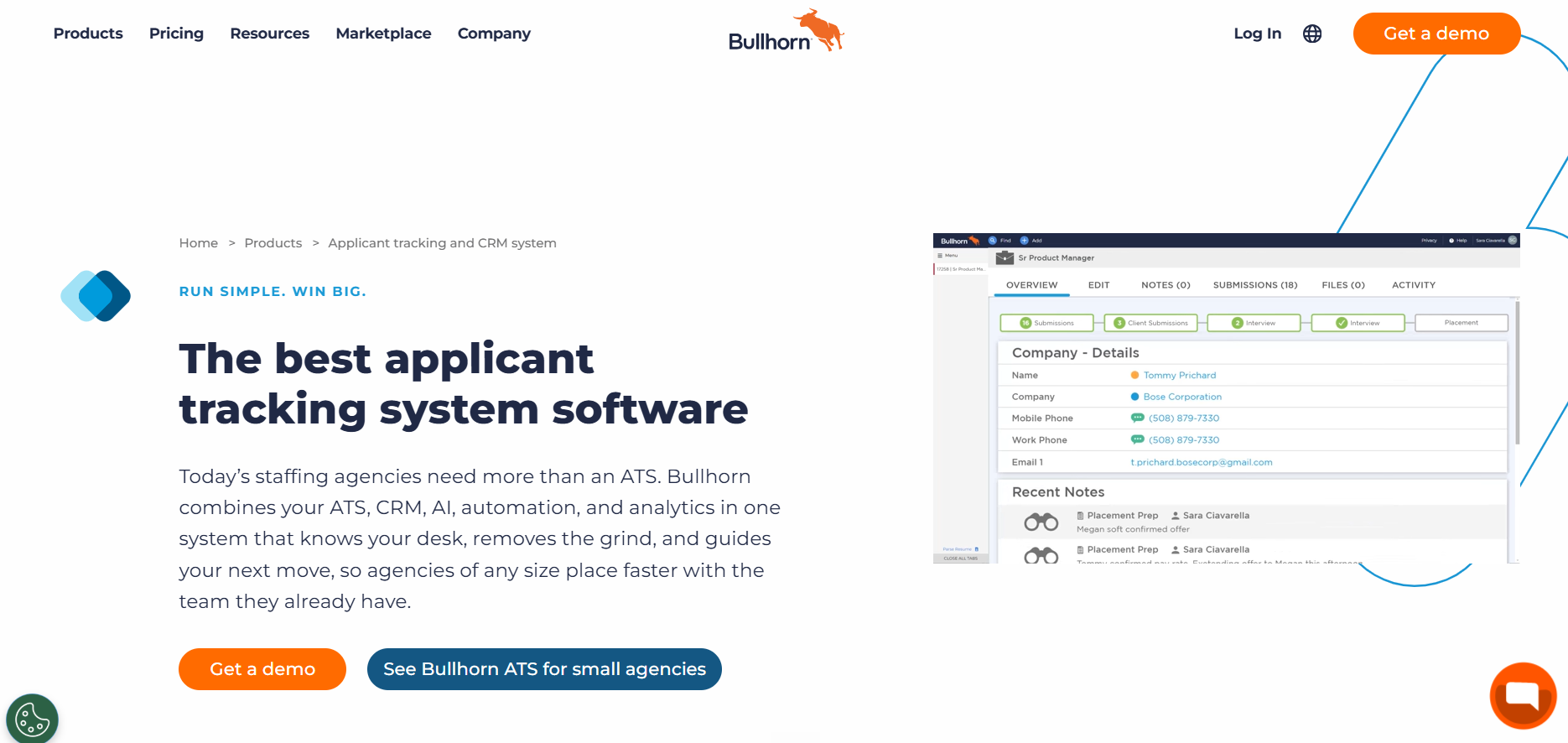 Bullhorn candidate management platform interface screenshot