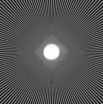 Abstract black and white design featuring radiating lines converging towards a central circular shape, creating a sense of depth and movement.